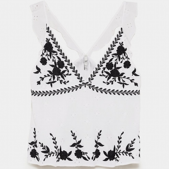 Zara Embroidered Eyelet Top Shirt Floral Black XS - Picture 4 of 4